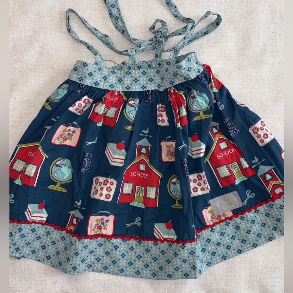 Eleanor Rose Blue and Red Schoolhouse Skirt with overall straps